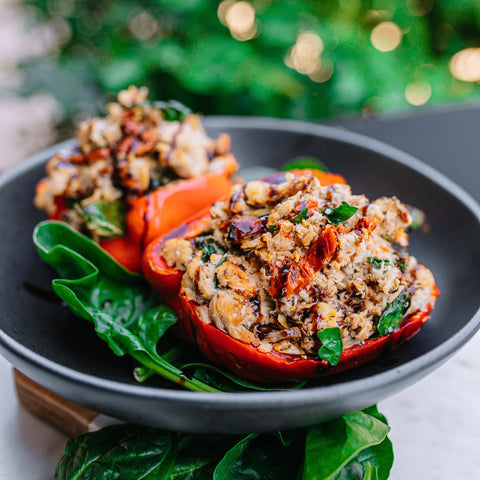 Chicken Stuffed Peppers with Spinach and Sun Dried Tomatoes and a Balsamic Glaze