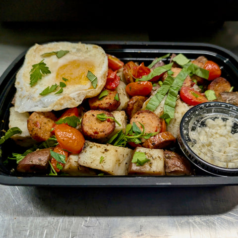 Italian Chicken Sausage and Potato Breakfast with Feta Cheese (on the side)