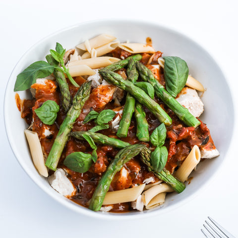 Chicken Pasta with Sun Dried Tomato Sauce and Asparagus