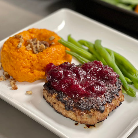 BACK! Apple Cranberry Turkey Burger, Sweet Potato Mash, and Green Beans