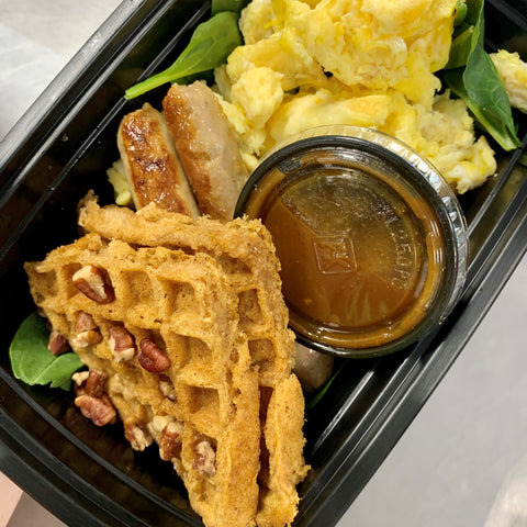 BACK! Pumpkin Butter Waffles with Pumpkin Syrup, Scrambled Eggs and Turkey Sausage