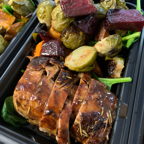 BACK! Maple Mustard Grilled Pork Tenderloin with Brussel Sprouts, Beets, and Sweet Potatoes