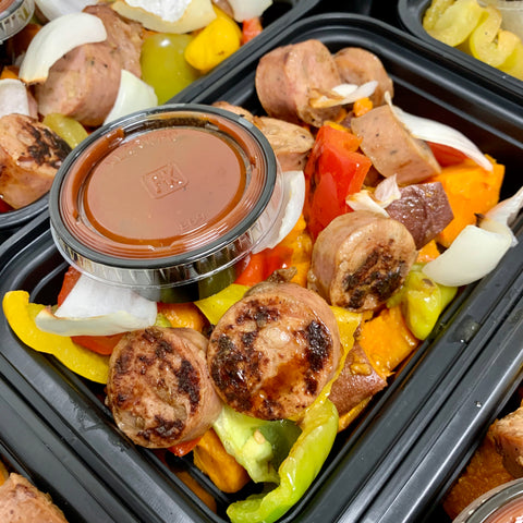 Chicken Sausage Loaded Sweet Potato Hash with BBQ Sauce