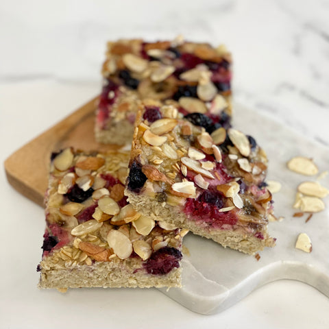 Berry Oat Breakfast Bake with Scrambled Eggs and Turkey Sausage
