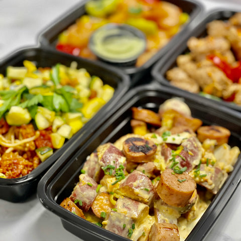 BACK! Creamy Sweet Potato Salad with Chicken and Apple Sausage