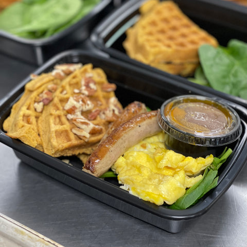 BACK! Pumpkin Waffles with Pumpkin Spice Maple Syrup, Scrambled Eggs and Turkey Sausage