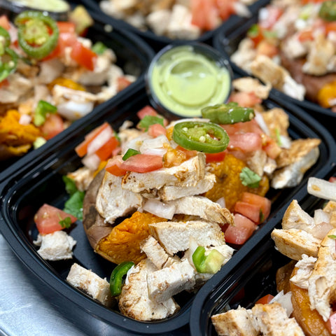 NEW! Southwest Chicken Stuffed Sweet Potato with Avocado Crema (on the side)