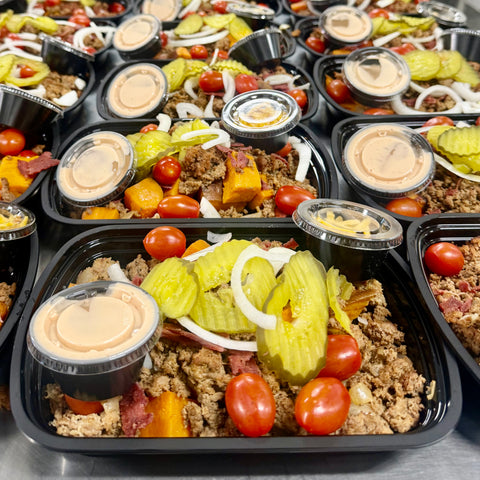 BACK! American Turkey Burger Bowl with Paleo Secret Sauce and Sharp Cheddar Cheese