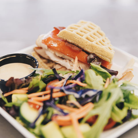 BACK! Turkey Waffle Club Sandwich with a Side Salad and Chipotle Aioli