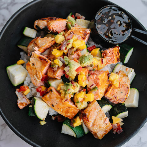 Honey Lime Salmon with Avocado Mango Salsa and Jasmine Rice