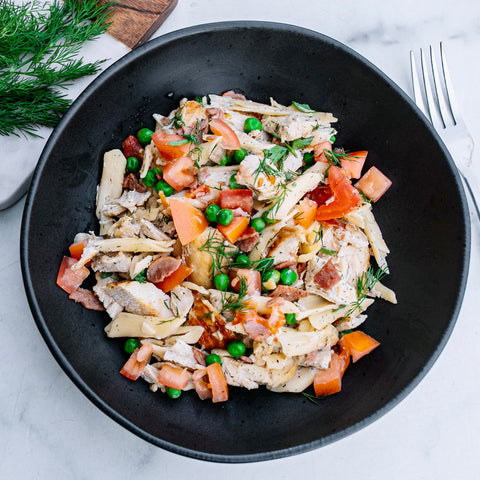 Back on the Menu! Chicken Bacon Ranch Pasta Salad with Chickpea Noodles