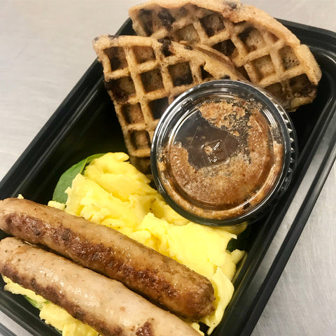 Chocolate Chip Waffles with Almond Butter Maple Syrup, Scrambled Eggs and Turkey Sausage