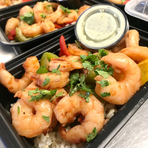 Chipotle Shrimp Bowl, Grilled Peppers, Brown Rice and Cilantro Cream Sauce (on the side)