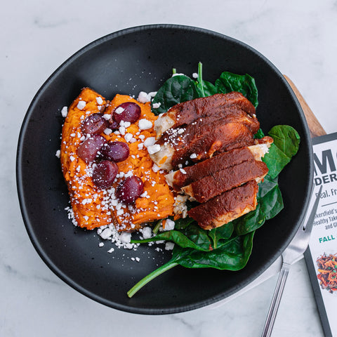BBQ Chicken with Goat Cheese and Roasted Grape Stuffed Sweet Potato